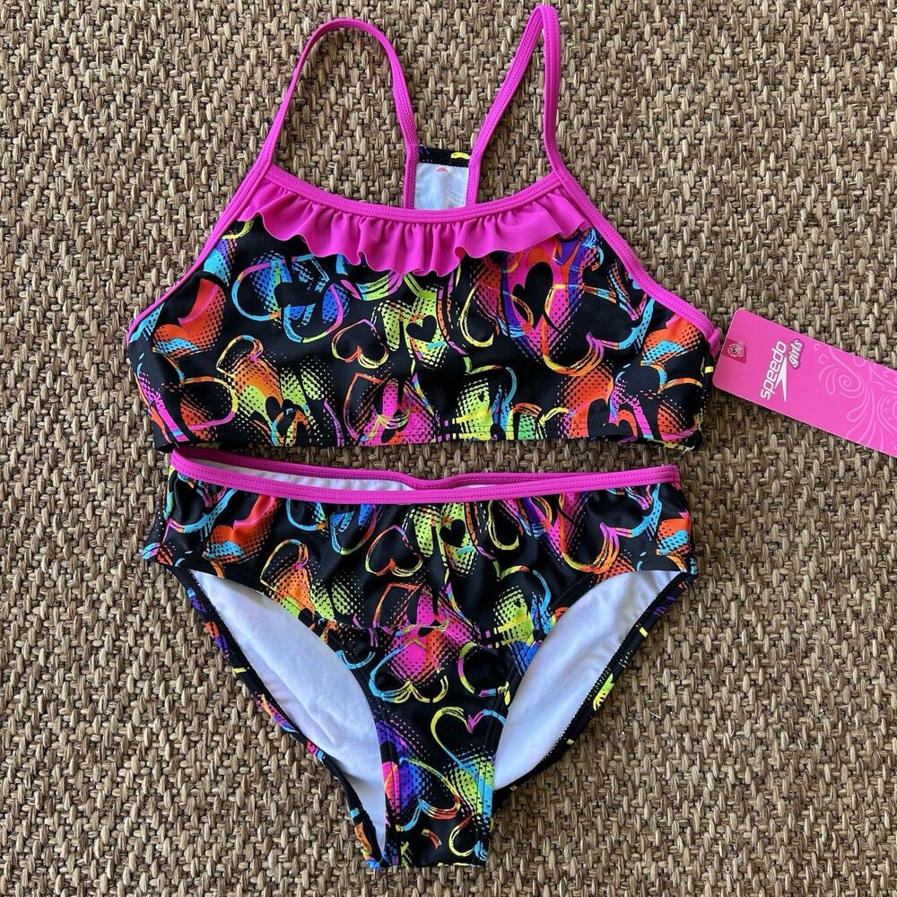 2 Piece Girls' Size 12 Heart Themed Speedo Swimsuit Retro New With Tags Swimwear